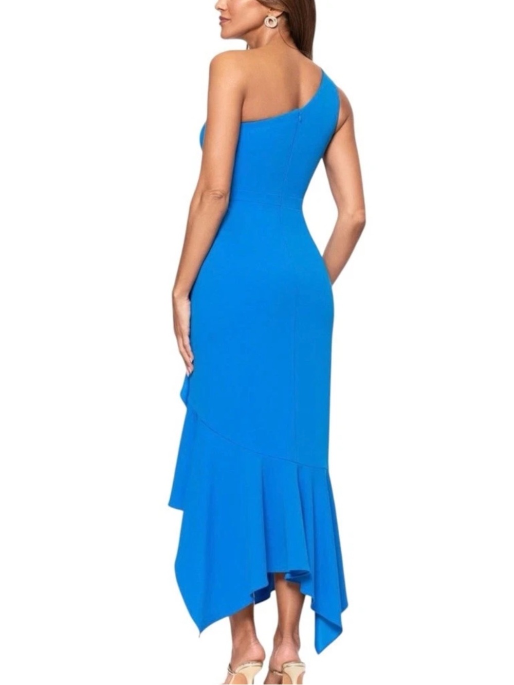 NWT Xscape One-Shoulder Ruffle Column Dress in Bright Blue Size 16 - Picture 2 of 5